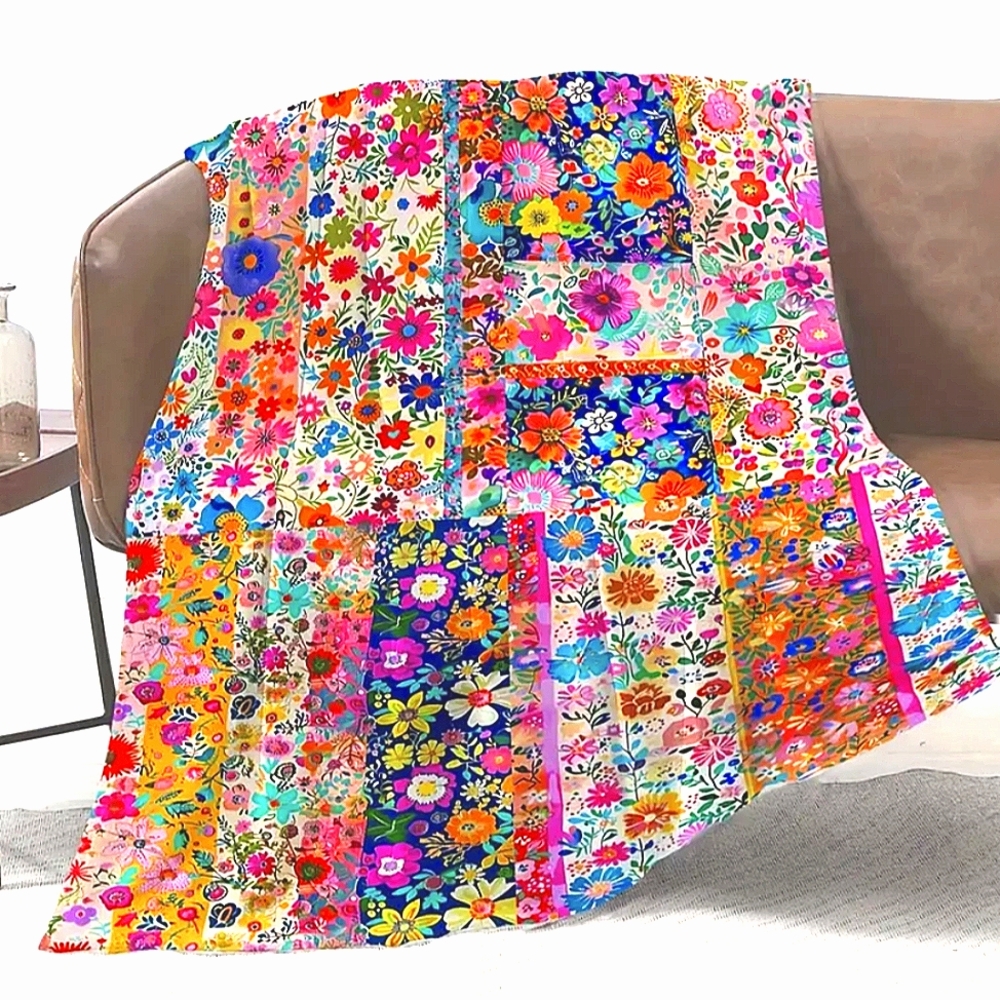 Floral Colorful Blanket Twin Soft Fleece Patchwork Print Pink Orange White Blue - Picture 3 of 8